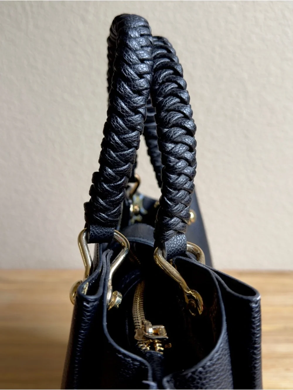 Steve Madden Black Satchel with Gold Hardware and Braided Handles